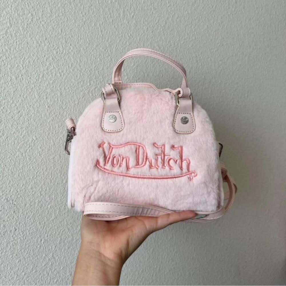 RARE 💗 Von Dutch Pink Faux Fur Bowling Bag Y2K Crossbody Handbag With Dust Bag